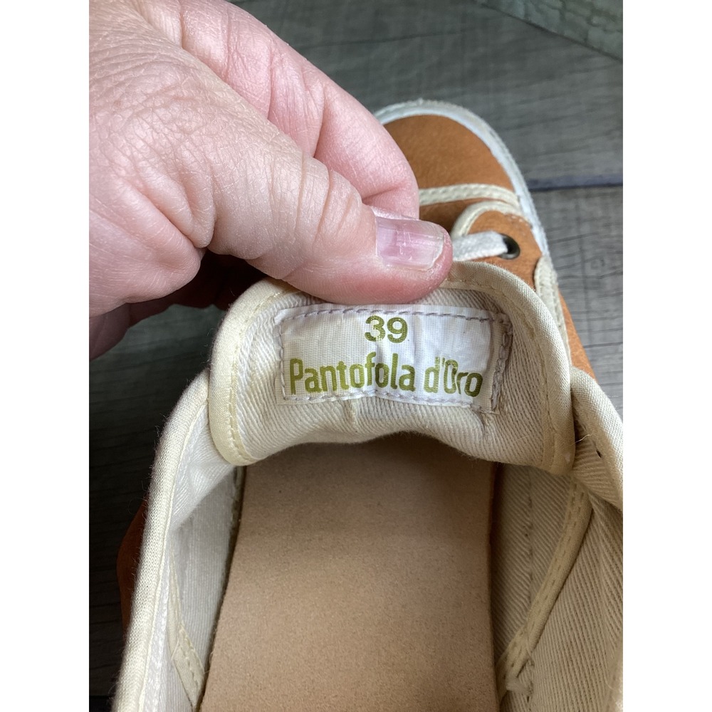 Pantofola d'Oro Tan Leather Low Top Sneakers Women Size 39 Gold Logo Italian - Picture 8 of 8